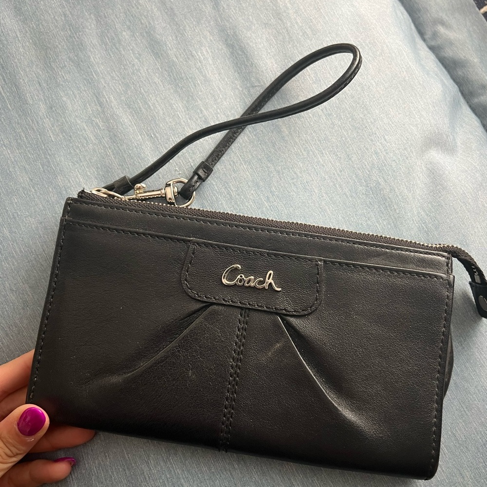 Never used! Coach Black Leather Wristlet with Pleat Detail